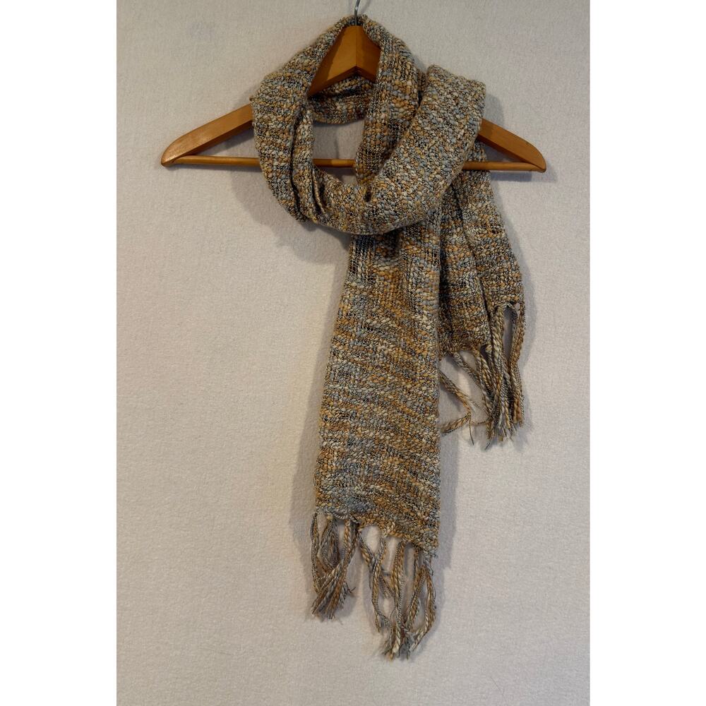 Handmade 100% Pashmina Chunky Knit Fringe Scarf in Yellow & Slate Blue 🍂✨ - Picture 2 of 8